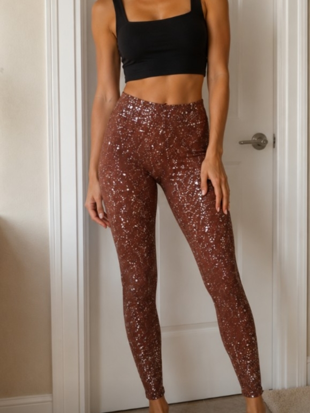 High-Rise Brown Glitter Speckled Leggings Size Large